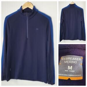 Icebreaker merino Men's Blue 2 tone long sleeve 1/4 zip pull over Wool sweater